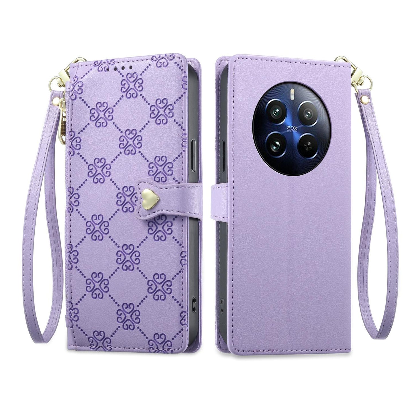 For Realme 12 Pro / Realme 12 Pro+ Zipper Wallet Heart Buckle Vegan Leather Phone Case with Wrist Strap(Purple)