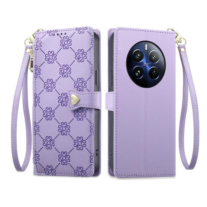 For Realme 12 Pro / Realme 12 Pro+ Zipper Wallet Heart Buckle Vegan Leather Phone Case with Wrist Strap(Purple)