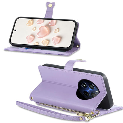 For Realme 12 Pro / Realme 12 Pro+ Zipper Wallet Heart Buckle Vegan Leather Phone Case with Wrist Strap(Purple)