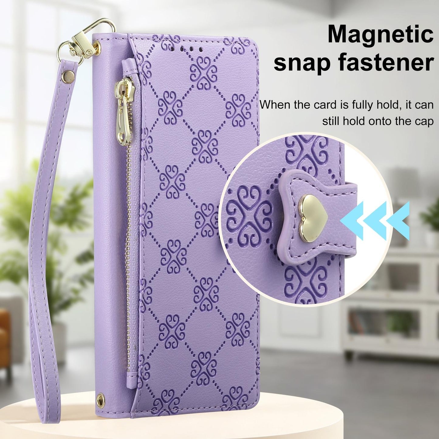 For Realme 12 Pro / Realme 12 Pro+ Zipper Wallet Heart Buckle Vegan Leather Phone Case with Wrist Strap(Purple)