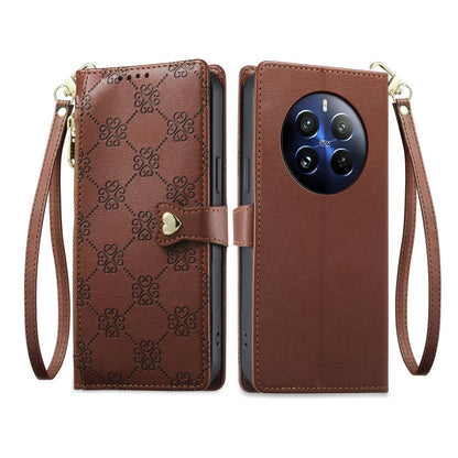 For Realme 12 Pro / Realme 12 Pro+ Zipper Wallet Heart Buckle Vegan Leather Phone Case with Wrist Strap(Brown)