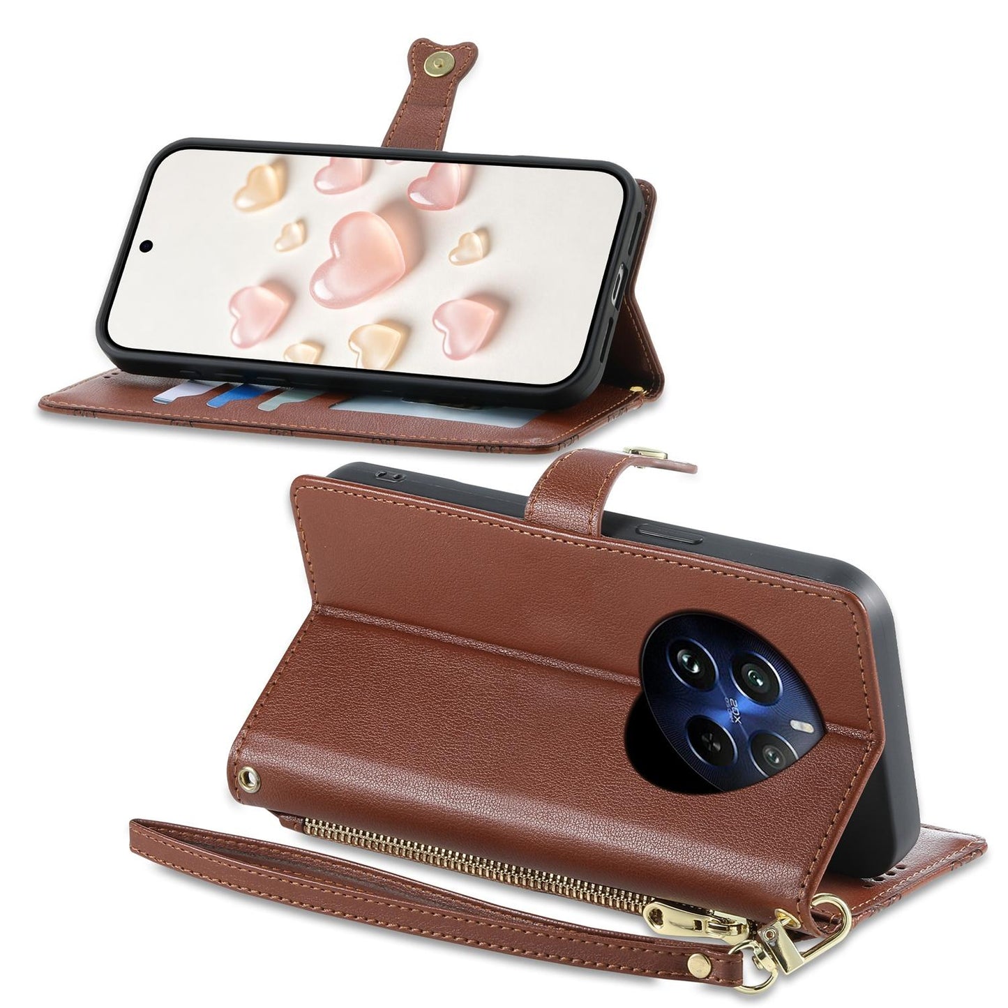 For Realme 12 Pro / Realme 12 Pro+ Zipper Wallet Heart Buckle Vegan Leather Phone Case with Wrist Strap(Brown)