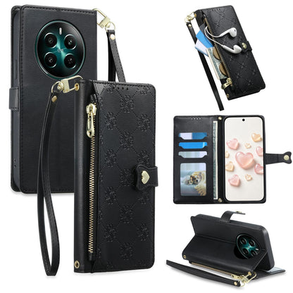 For Realme 13 4G / 12 4G / 12+ / Narzo 70 Zipper Wallet Heart Buckle Vegan Leather Phone Case with Wrist Strap(Black)