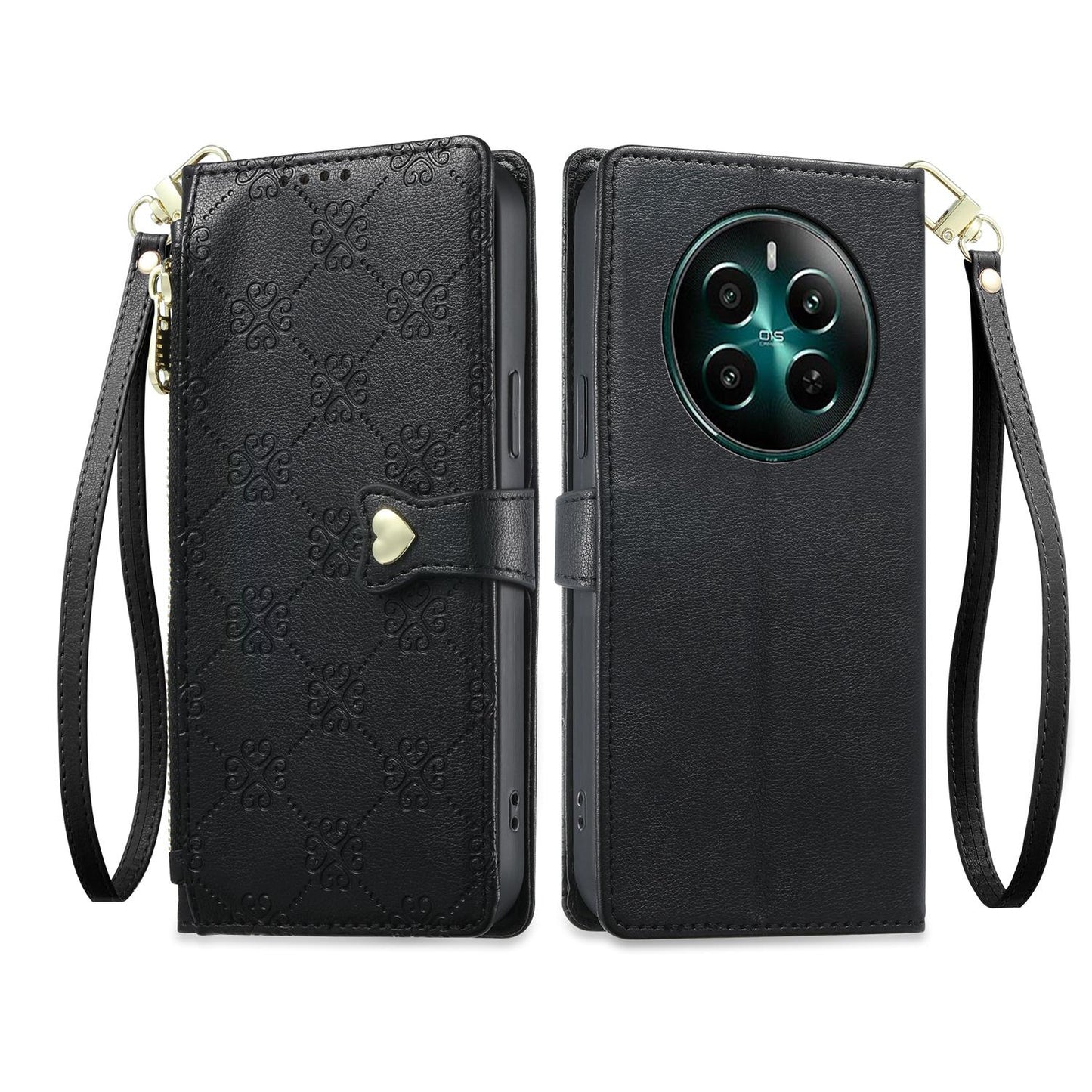 For Realme 13 4G / 12 4G / 12+ / Narzo 70 Zipper Wallet Heart Buckle Vegan Leather Phone Case with Wrist Strap(Black)