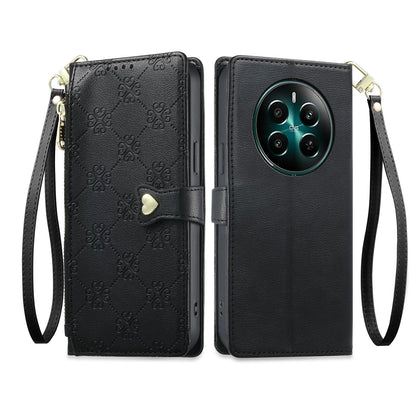 For Realme 13 4G / 12 4G / 12+ / Narzo 70 Zipper Wallet Heart Buckle Vegan Leather Phone Case with Wrist Strap(Black)