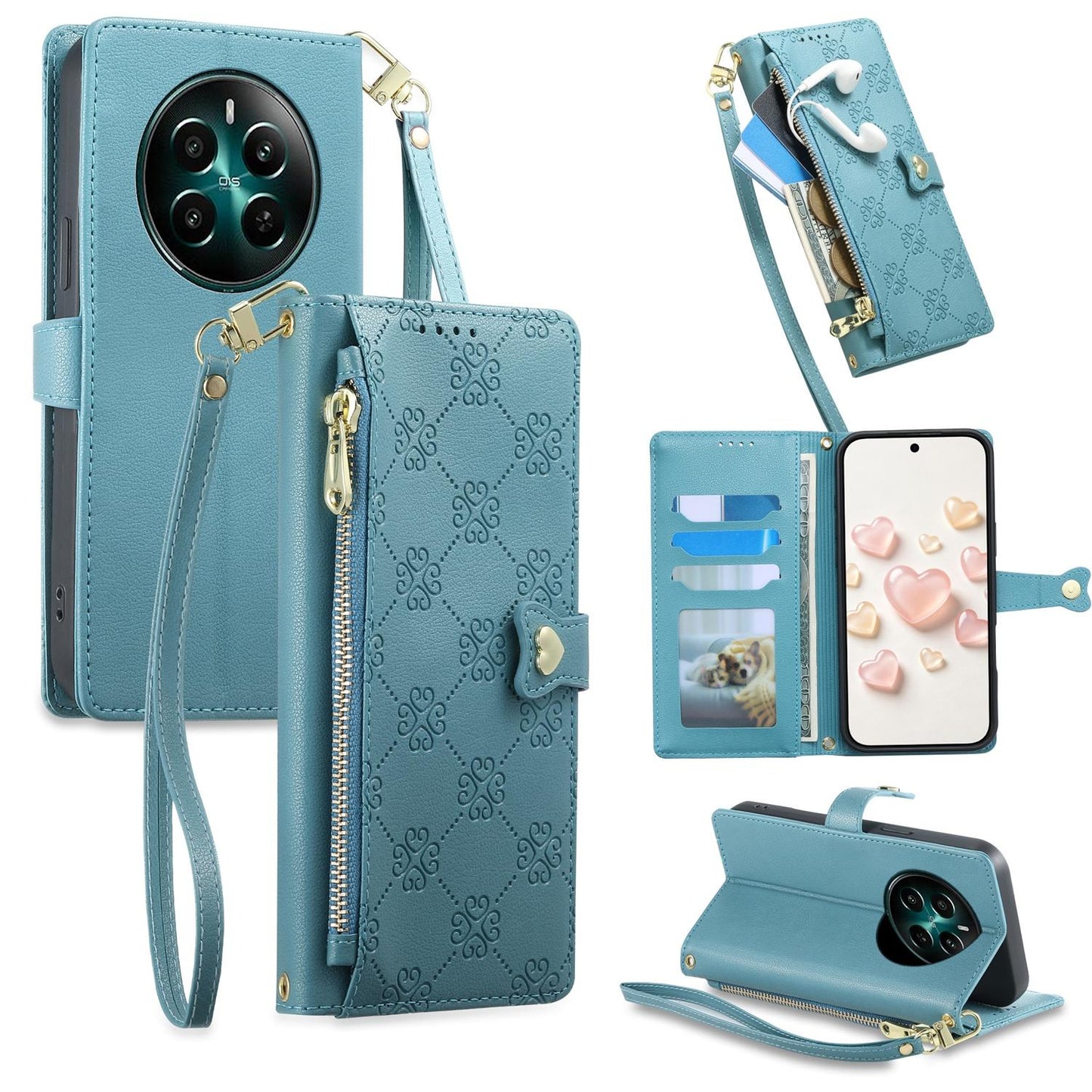 For Realme 13 4G / 12 4G / 12+ / Narzo 70 Zipper Wallet Heart Buckle Vegan Leather Phone Case with Wrist Strap(Lake Blue)