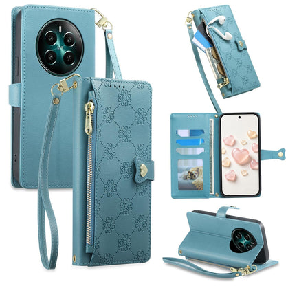 For Realme 13 4G / 12 4G / 12+ / Narzo 70 Zipper Wallet Heart Buckle Vegan Leather Phone Case with Wrist Strap(Lake Blue)