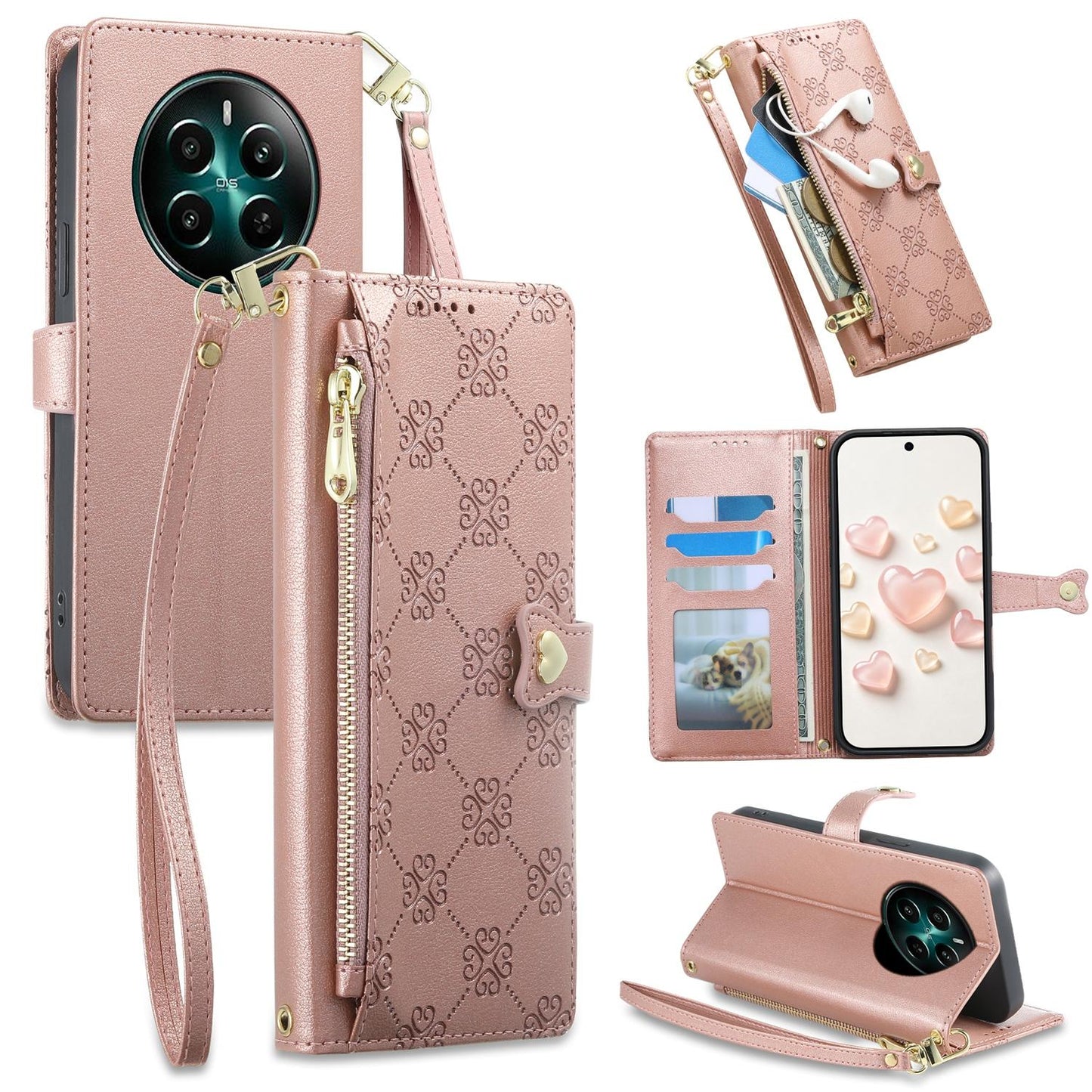 For Realme 13 4G / 12 4G / 12+ / Narzo 70 Zipper Wallet Heart Buckle Vegan Leather Phone Case with Wrist Strap(Pink)