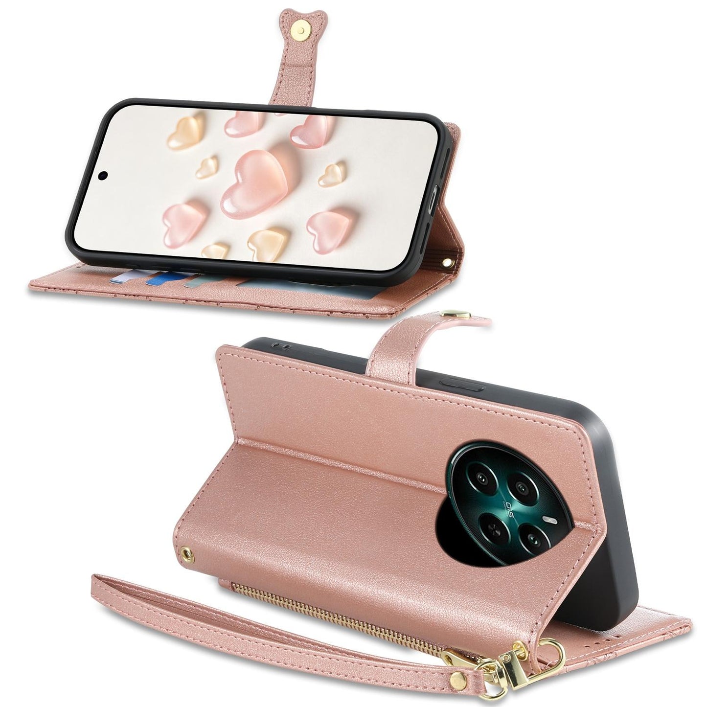 For Realme 13 4G / 12 4G / 12+ / Narzo 70 Zipper Wallet Heart Buckle Vegan Leather Phone Case with Wrist Strap(Pink)