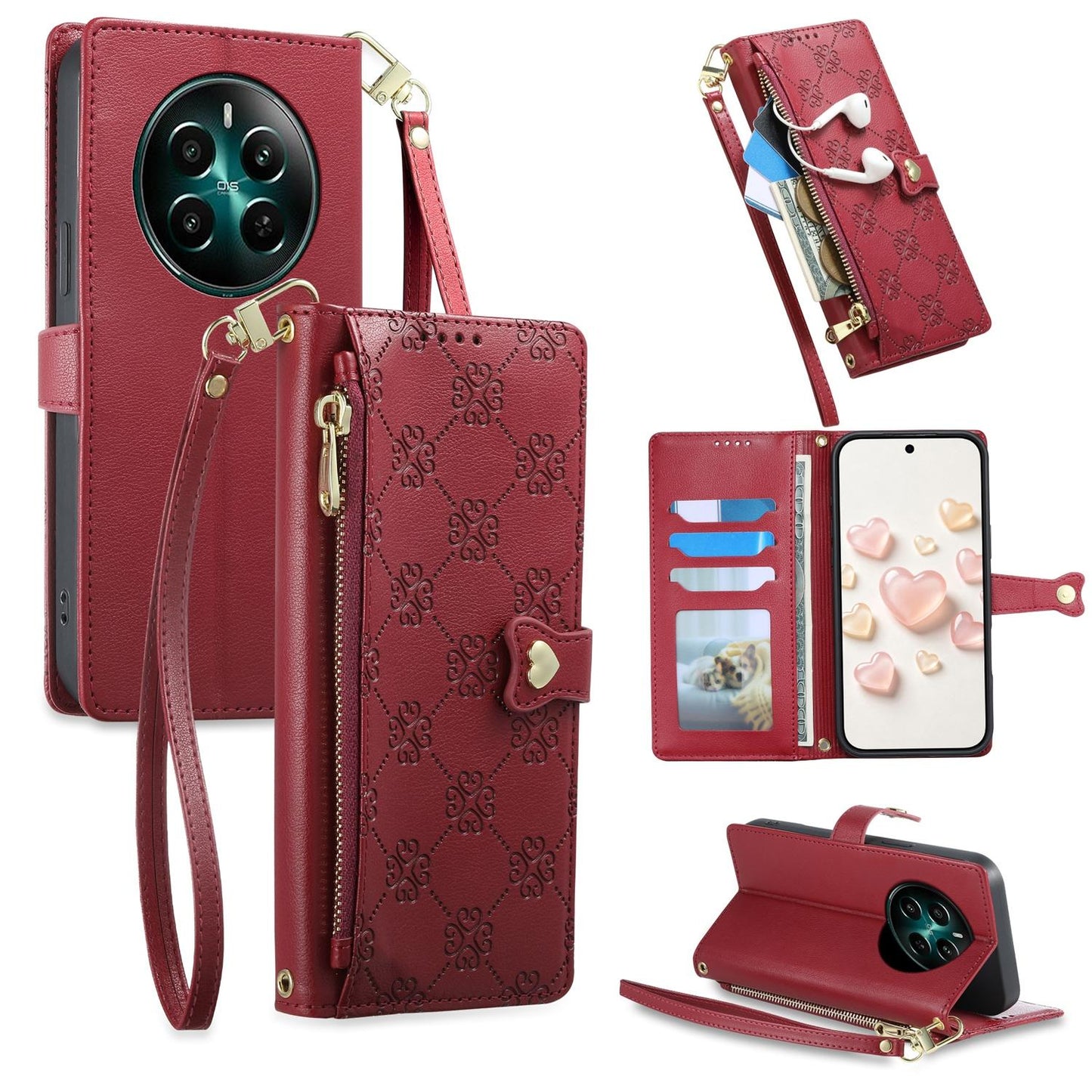 For Realme 13 4G / 12 4G / 12+ / Narzo 70 Zipper Wallet Heart Buckle Vegan Leather Phone Case with Wrist Strap(Red)