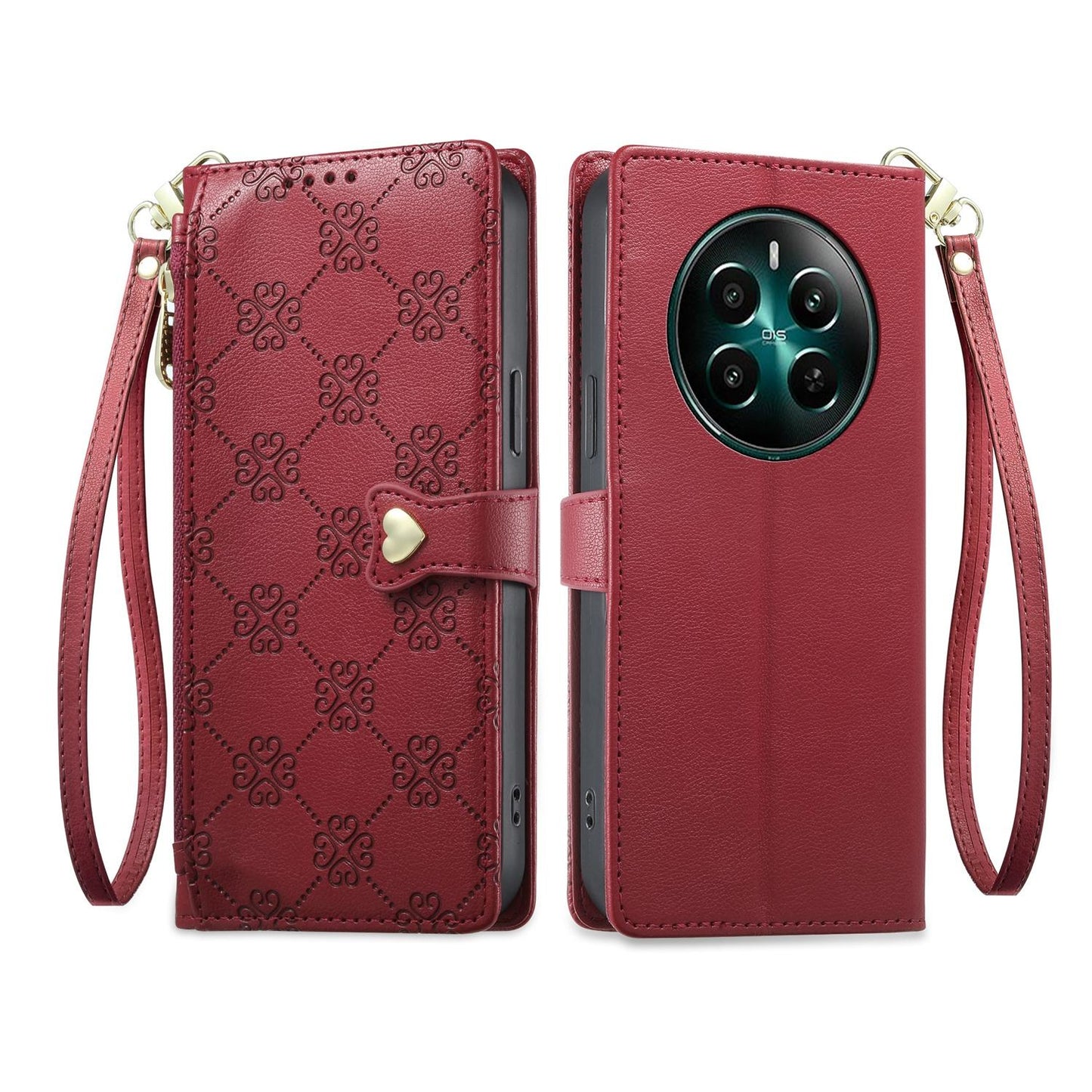 For Realme 13 4G / 12 4G / 12+ / Narzo 70 Zipper Wallet Heart Buckle Vegan Leather Phone Case with Wrist Strap(Red)