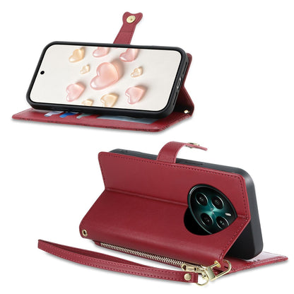 For Realme 13 4G / 12 4G / 12+ / Narzo 70 Zipper Wallet Heart Buckle Vegan Leather Phone Case with Wrist Strap(Red)