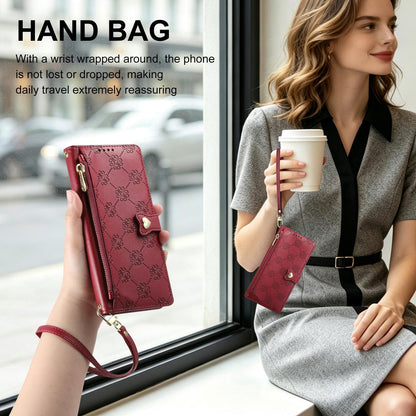 For Realme 13 4G / 12 4G / 12+ / Narzo 70 Zipper Wallet Heart Buckle Vegan Leather Phone Case with Wrist Strap(Red)