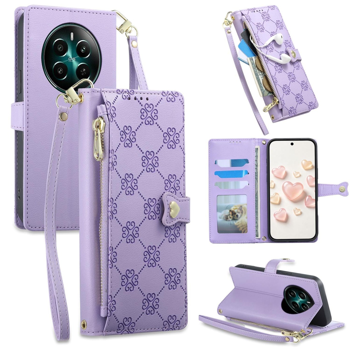 For Realme 13 4G / 12 4G / 12+ / Narzo 70 Zipper Wallet Heart Buckle Vegan Leather Phone Case with Wrist Strap(Purple)