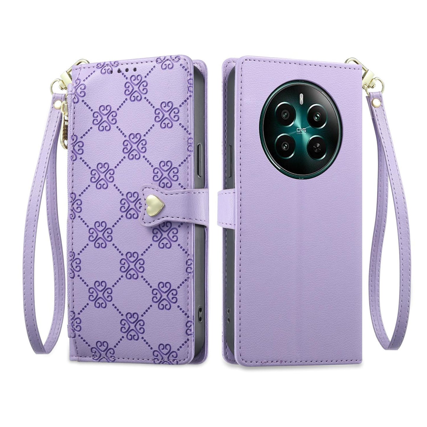 For Realme 13 4G / 12 4G / 12+ / Narzo 70 Zipper Wallet Heart Buckle Vegan Leather Phone Case with Wrist Strap(Purple)