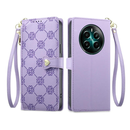 For Realme 13 4G / 12 4G / 12+ / Narzo 70 Zipper Wallet Heart Buckle Vegan Leather Phone Case with Wrist Strap(Purple)
