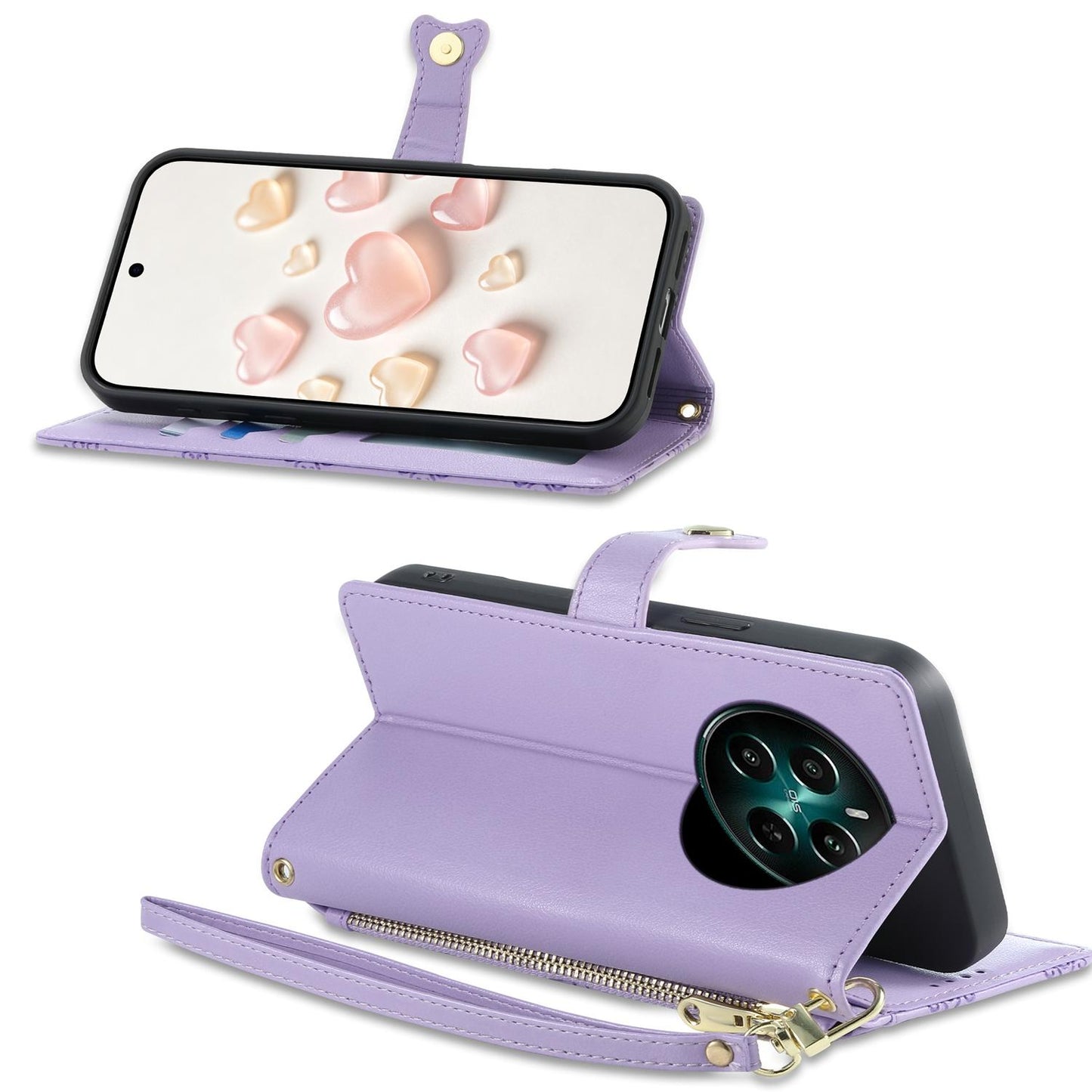 For Realme 13 4G / 12 4G / 12+ / Narzo 70 Zipper Wallet Heart Buckle Vegan Leather Phone Case with Wrist Strap(Purple)