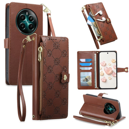 For Realme 13 4G / 12 4G / 12+ / Narzo 70 Zipper Wallet Heart Buckle Vegan Leather Phone Case with Wrist Strap(Brown)