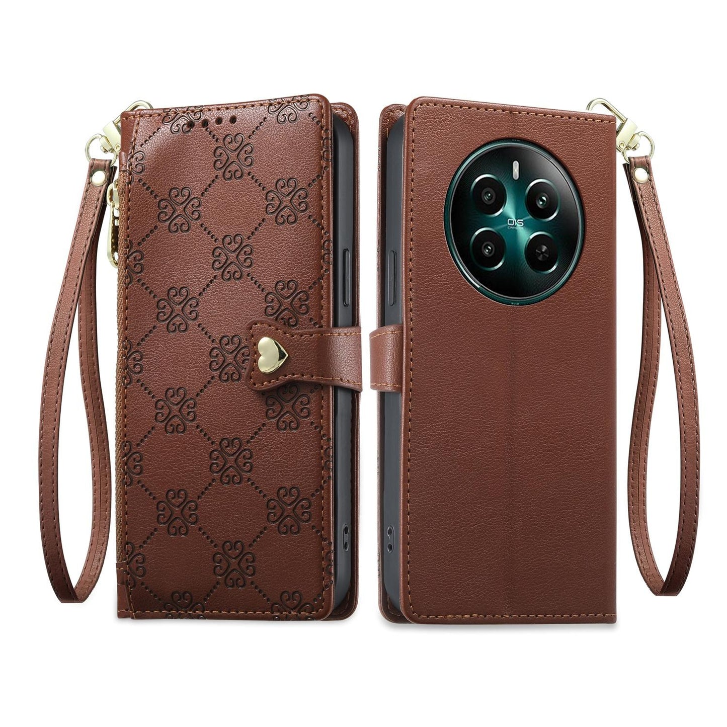 For Realme 13 4G / 12 4G / 12+ / Narzo 70 Zipper Wallet Heart Buckle Vegan Leather Phone Case with Wrist Strap(Brown)