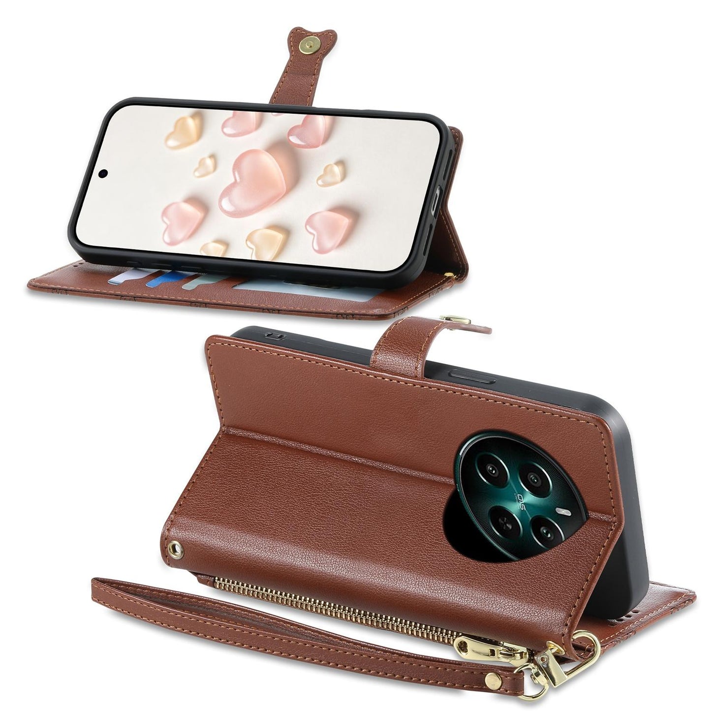 For Realme 13 4G / 12 4G / 12+ / Narzo 70 Zipper Wallet Heart Buckle Vegan Leather Phone Case with Wrist Strap(Brown)
