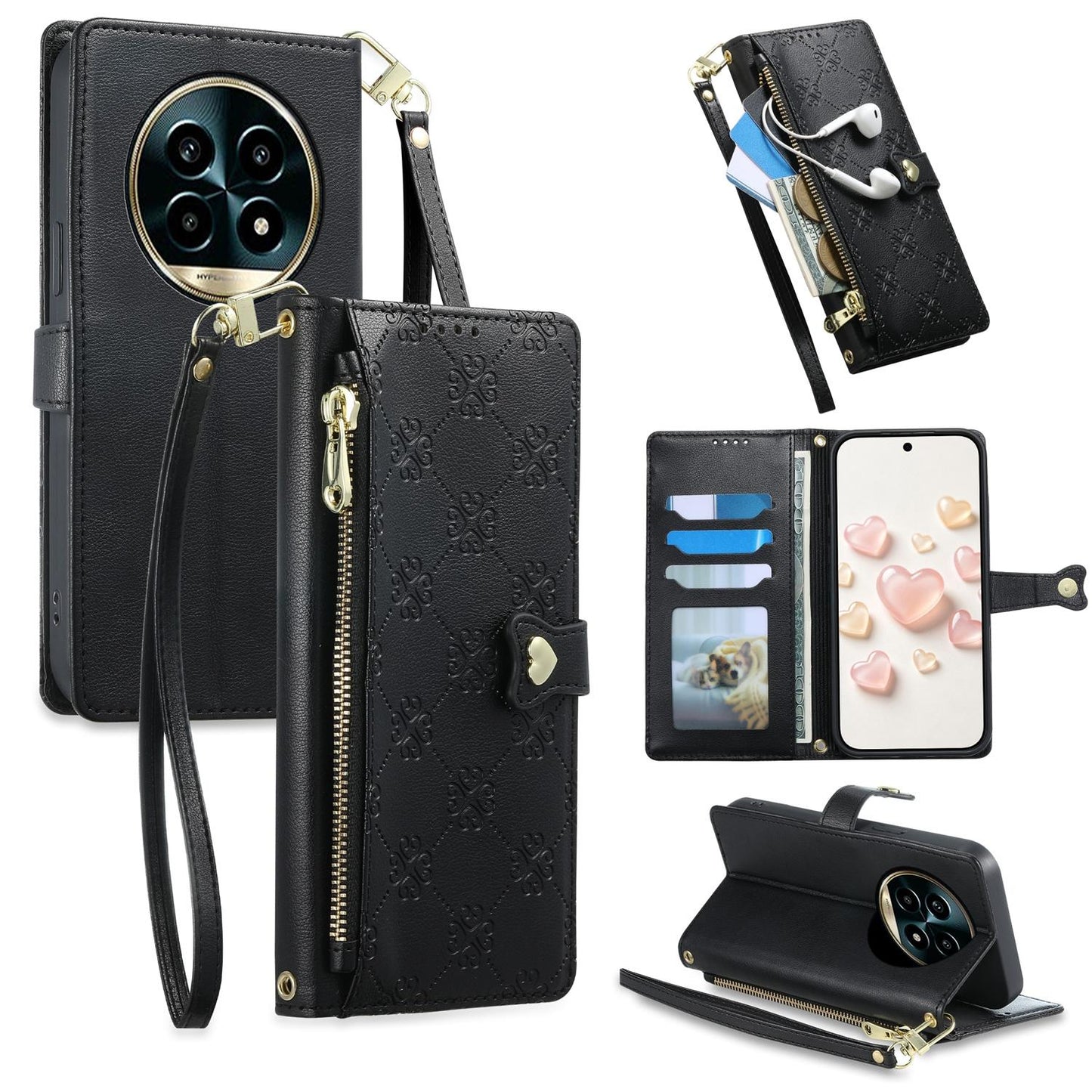 For Realme 13 Pro / Realme 13 Pro+ Zipper Wallet Heart Buckle Vegan Leather Phone Case with Wrist Strap(Black)
