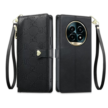 For Realme 13 Pro / Realme 13 Pro+ Zipper Wallet Heart Buckle Vegan Leather Phone Case with Wrist Strap(Black)