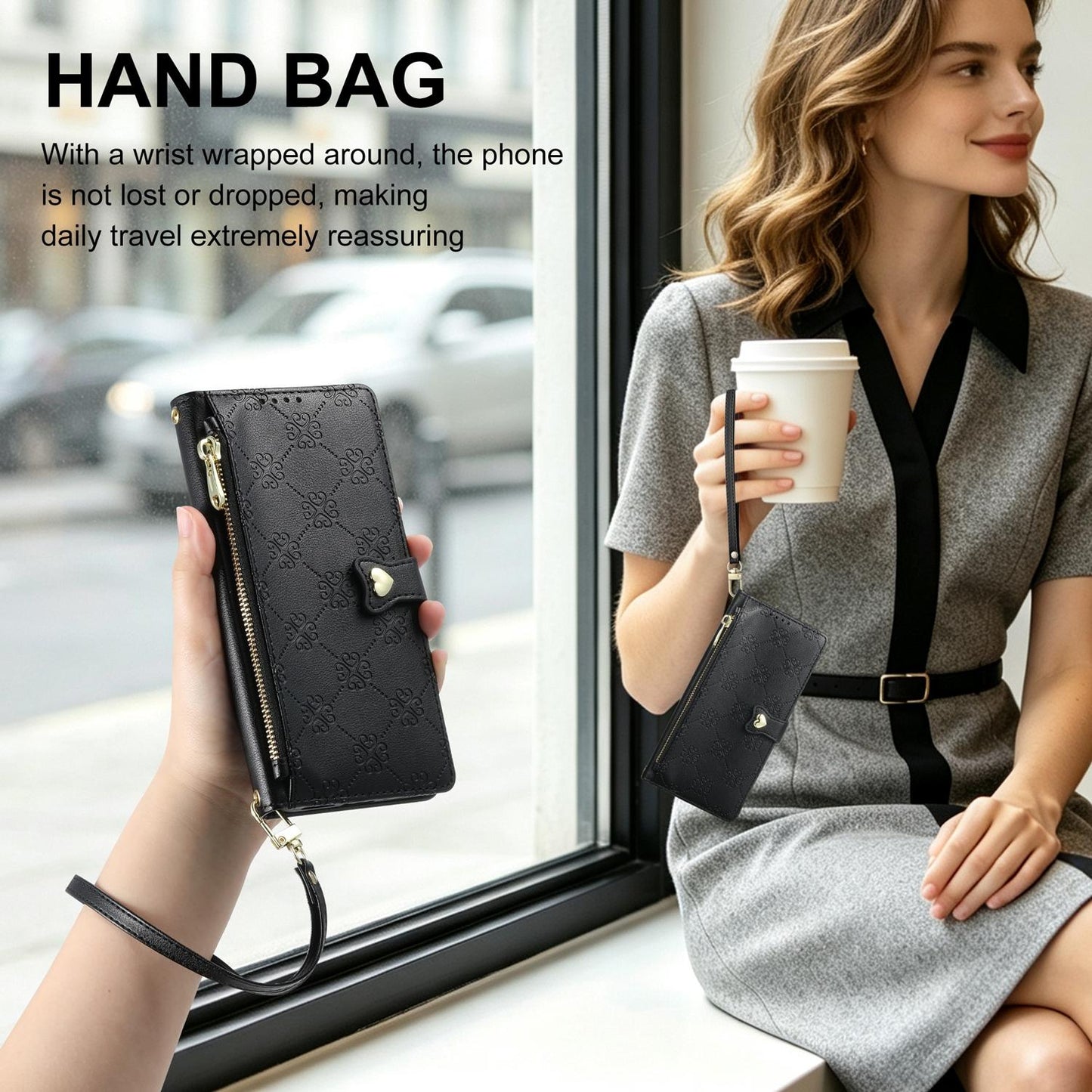 For Realme 13 Pro / Realme 13 Pro+ Zipper Wallet Heart Buckle Vegan Leather Phone Case with Wrist Strap(Black)