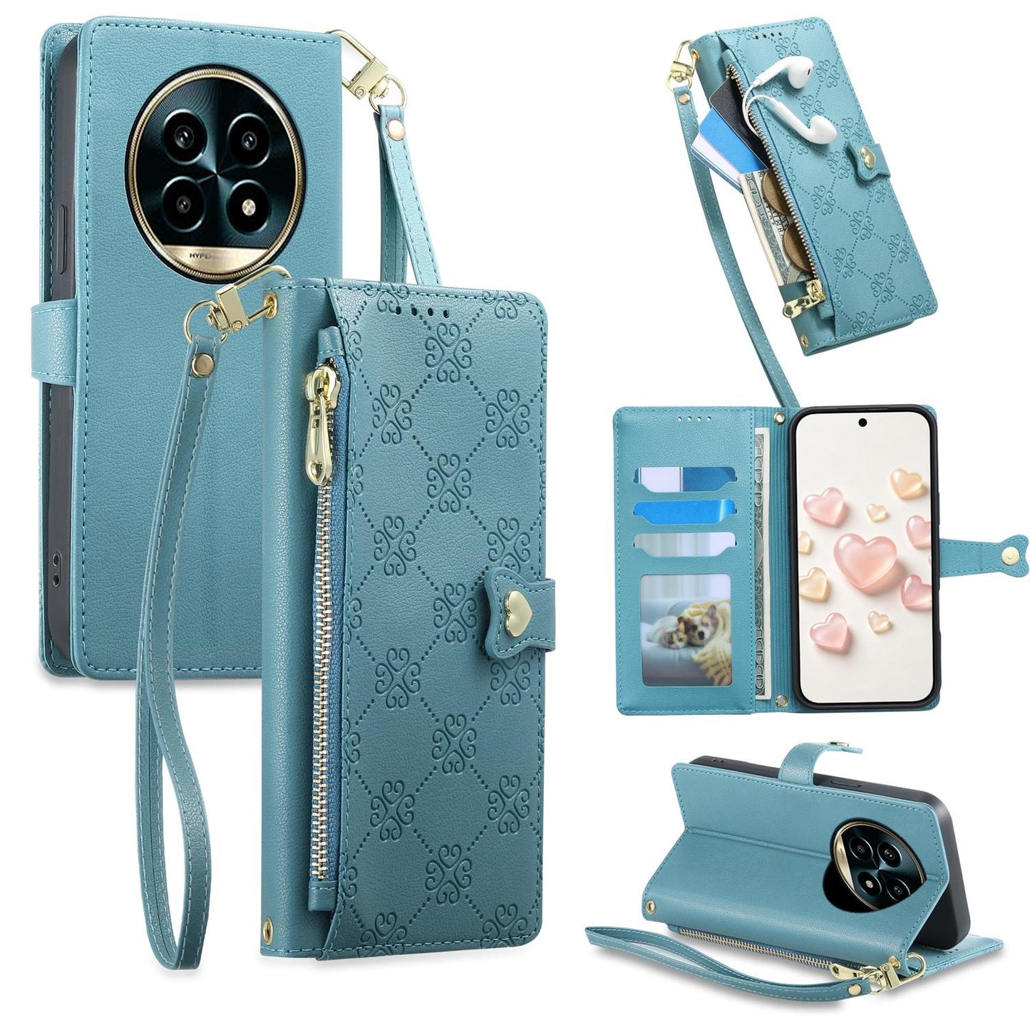 For Realme 13 Pro / Realme 13 Pro+ Zipper Wallet Heart Buckle Vegan Leather Phone Case with Wrist Strap(Lake Blue)