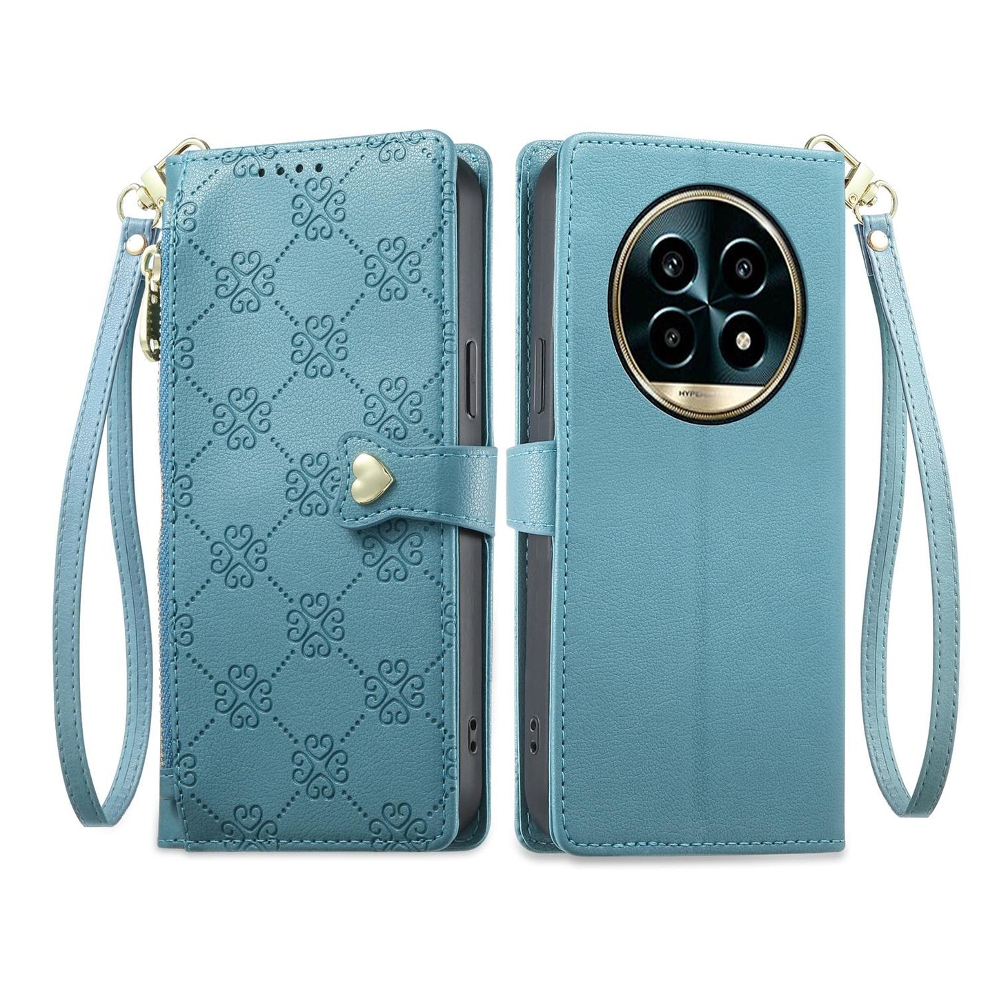 For Realme 13 Pro / Realme 13 Pro+ Zipper Wallet Heart Buckle Vegan Leather Phone Case with Wrist Strap(Lake Blue)