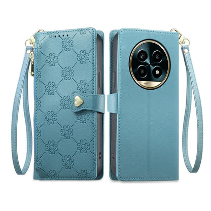 For Realme 13 Pro / Realme 13 Pro+ Zipper Wallet Heart Buckle Vegan Leather Phone Case with Wrist Strap(Lake Blue)