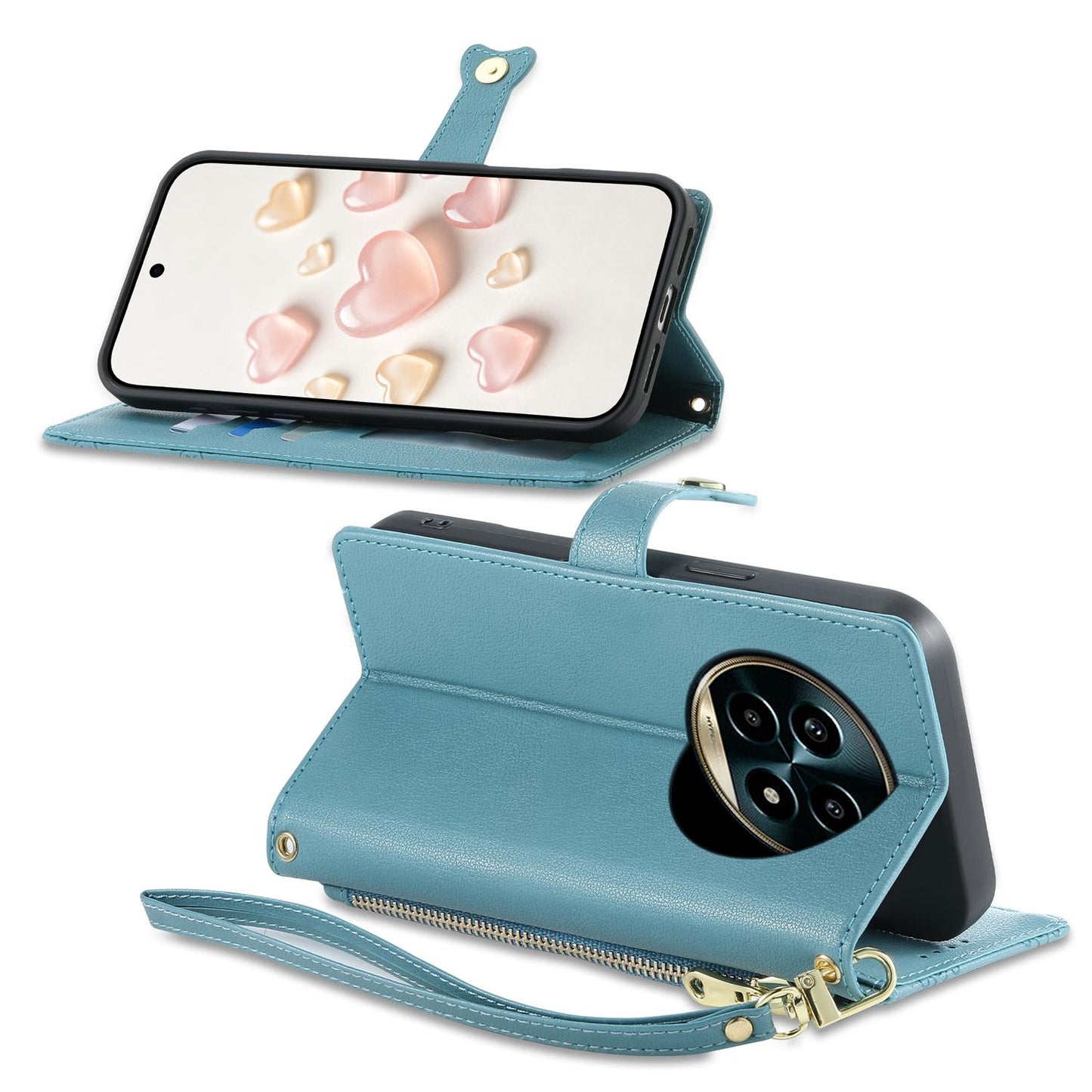 For Realme 13 Pro / Realme 13 Pro+ Zipper Wallet Heart Buckle Vegan Leather Phone Case with Wrist Strap(Lake Blue)
