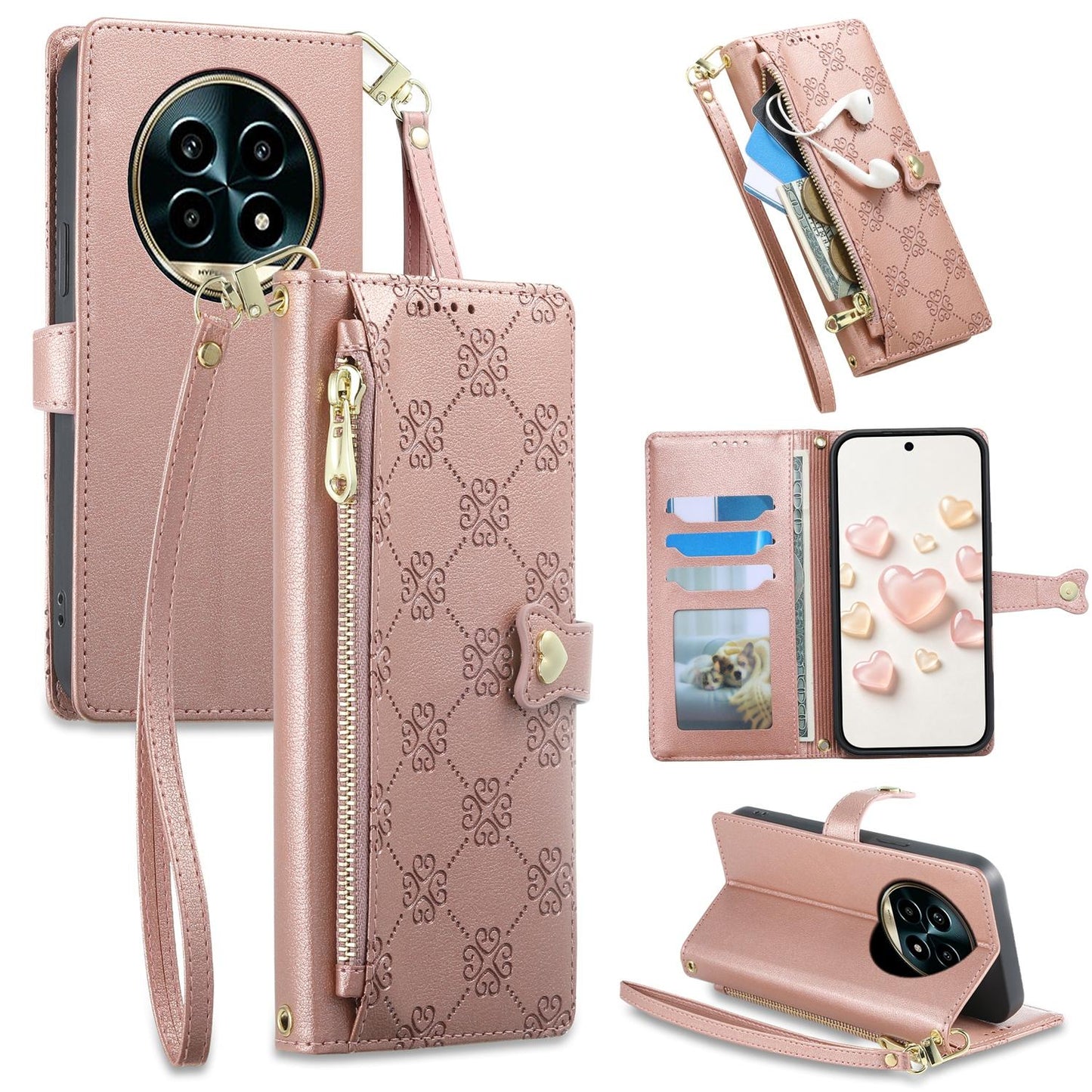 For Realme 13 Pro / Realme 13 Pro+ Zipper Wallet Heart Buckle Vegan Leather Phone Case with Wrist Strap(Pink)