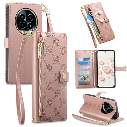 For Realme 13 Pro / Realme 13 Pro+ Zipper Wallet Heart Buckle Vegan Leather Phone Case with Wrist Strap(Pink)