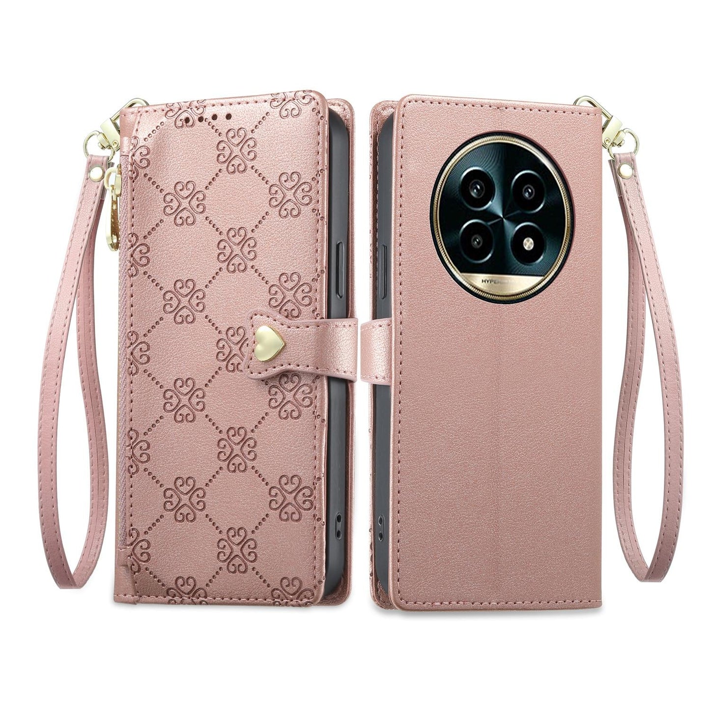 For Realme 13 Pro / Realme 13 Pro+ Zipper Wallet Heart Buckle Vegan Leather Phone Case with Wrist Strap(Pink)
