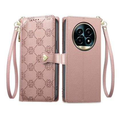 For Realme 13 Pro / Realme 13 Pro+ Zipper Wallet Heart Buckle Vegan Leather Phone Case with Wrist Strap(Pink)