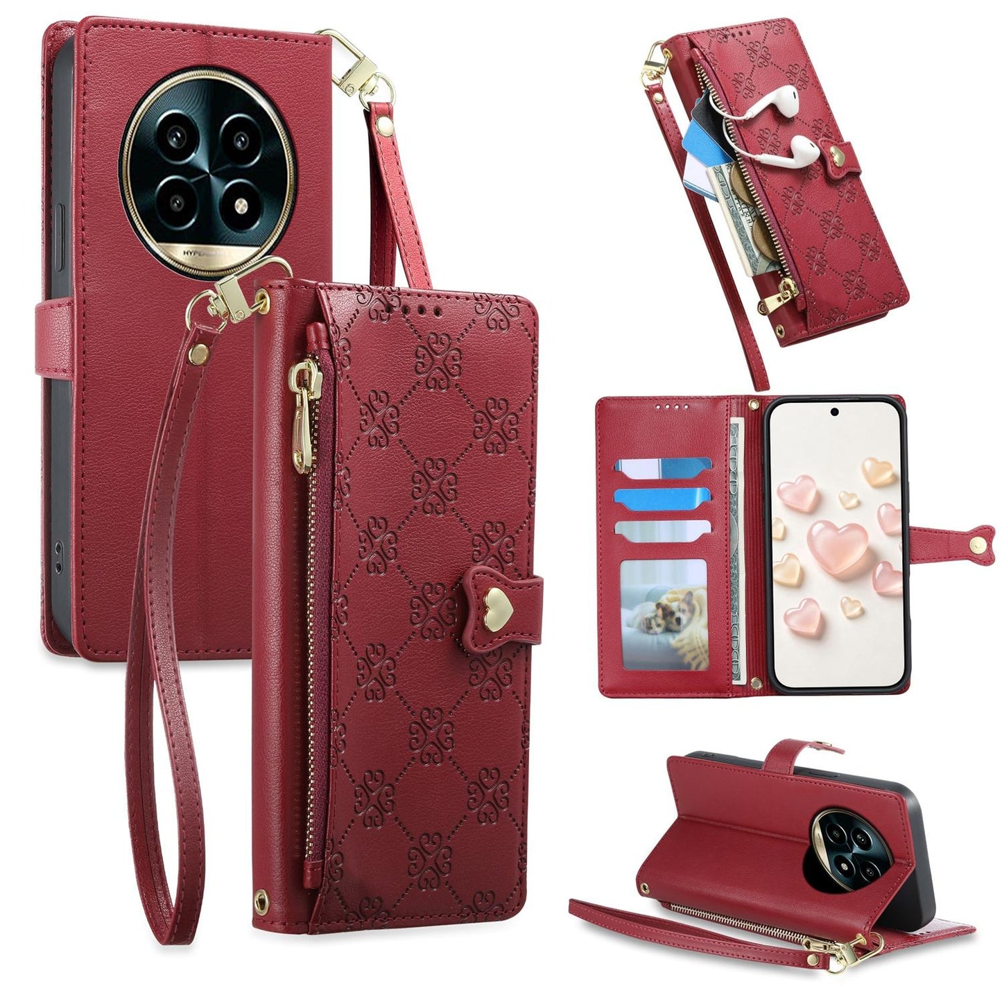 For Realme 13 Pro / Realme 13 Pro+ Zipper Wallet Heart Buckle Vegan Leather Phone Case with Wrist Strap(Red)