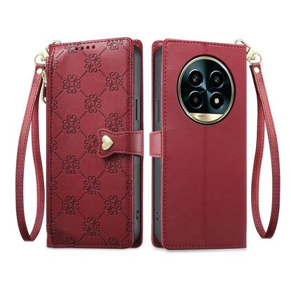 For Realme 13 Pro / Realme 13 Pro+ Zipper Wallet Heart Buckle Vegan Leather Phone Case with Wrist Strap(Red)