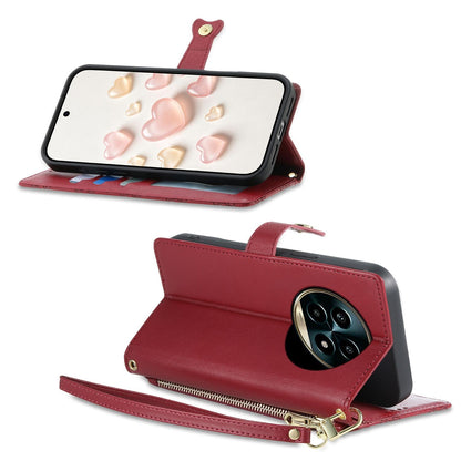 For Realme 13 Pro / Realme 13 Pro+ Zipper Wallet Heart Buckle Vegan Leather Phone Case with Wrist Strap(Red)