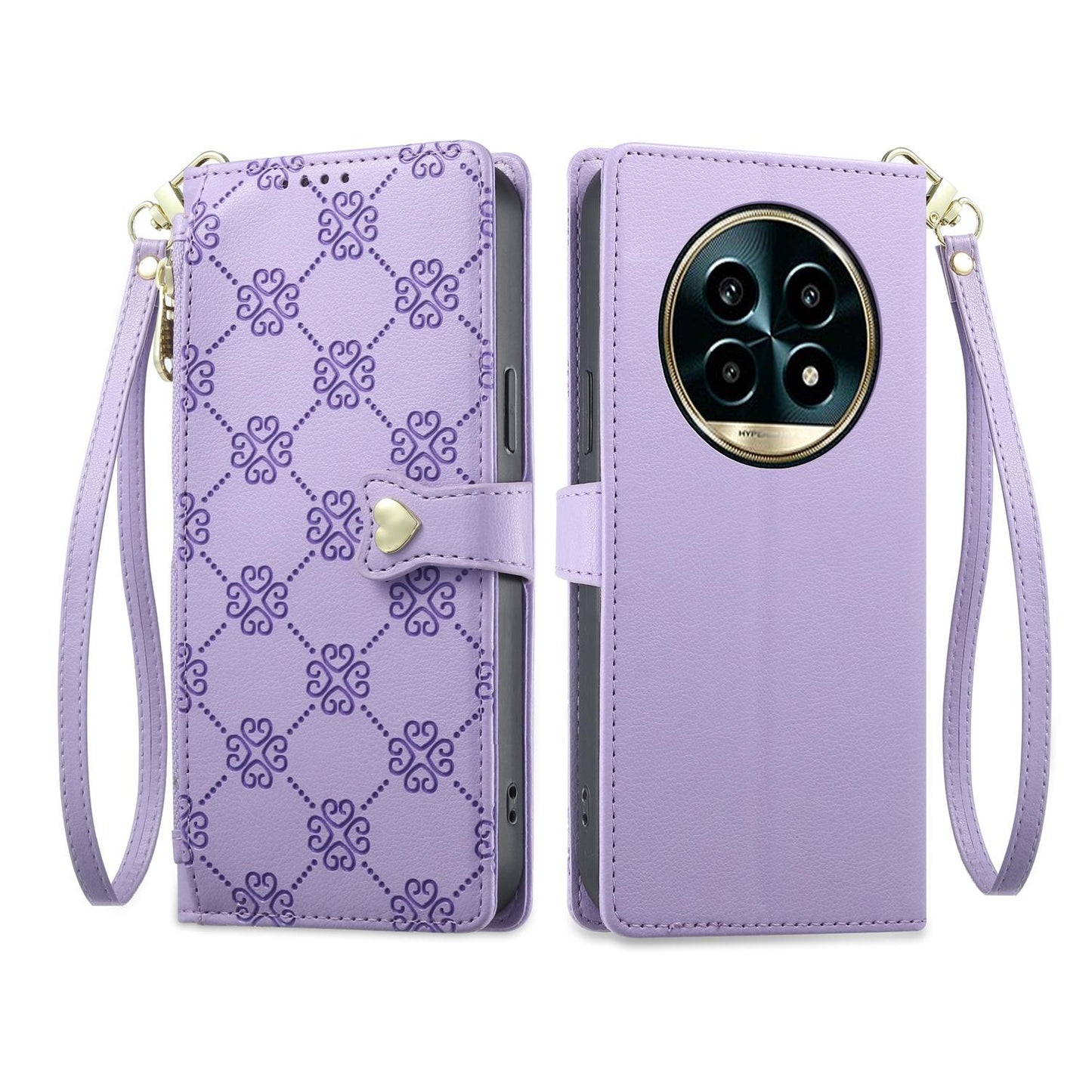For Realme 13 Pro / Realme 13 Pro+ Zipper Wallet Heart Buckle Vegan Leather Phone Case with Wrist Strap(Purple)