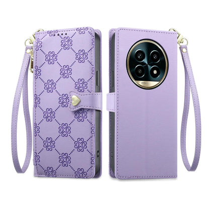 For Realme 13 Pro / Realme 13 Pro+ Zipper Wallet Heart Buckle Vegan Leather Phone Case with Wrist Strap(Purple)