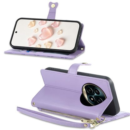 For Realme 13 Pro / Realme 13 Pro+ Zipper Wallet Heart Buckle Vegan Leather Phone Case with Wrist Strap(Purple)
