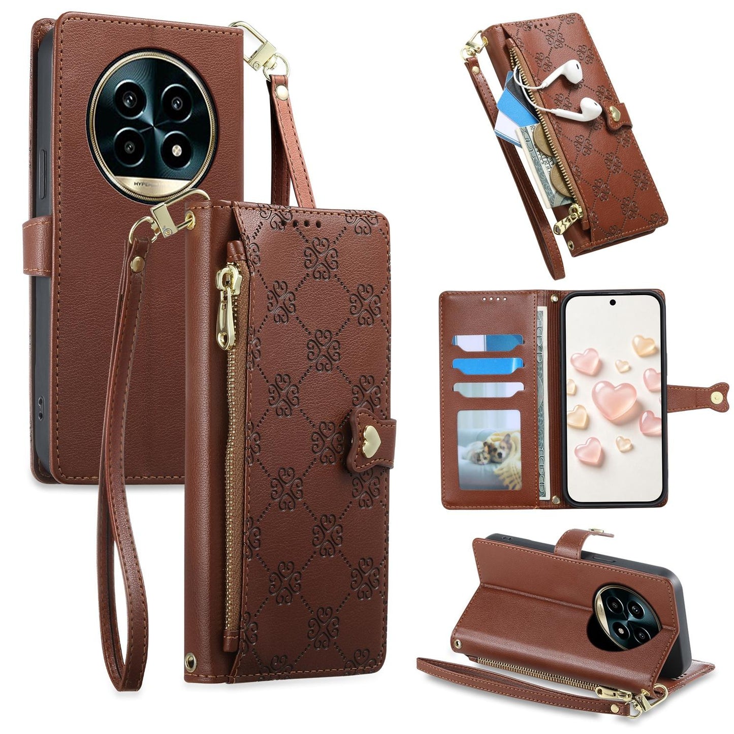 For Realme 13 Pro / Realme 13 Pro+ Zipper Wallet Heart Buckle Vegan Leather Phone Case with Wrist Strap(Brown)