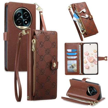 For Realme 13 Pro / Realme 13 Pro+ Zipper Wallet Heart Buckle Vegan Leather Phone Case with Wrist Strap(Brown)