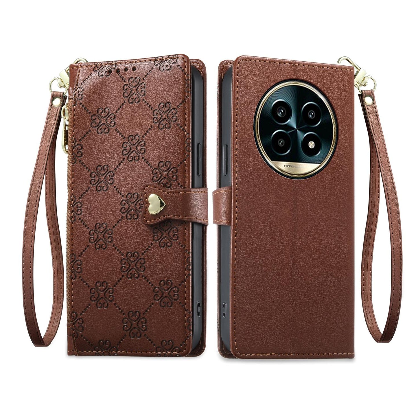 For Realme 13 Pro / Realme 13 Pro+ Zipper Wallet Heart Buckle Vegan Leather Phone Case with Wrist Strap(Brown)