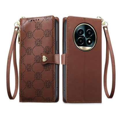 For Realme 13 Pro / Realme 13 Pro+ Zipper Wallet Heart Buckle Vegan Leather Phone Case with Wrist Strap(Brown)