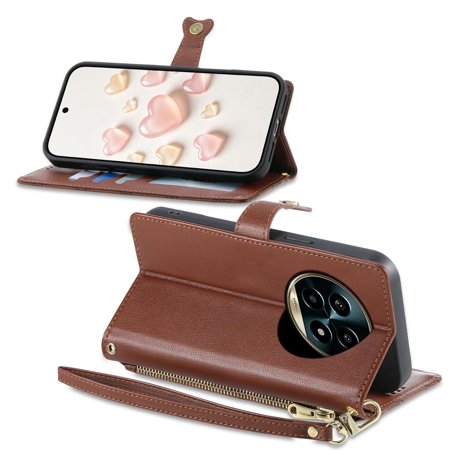 For Realme 13 Pro / Realme 13 Pro+ Zipper Wallet Heart Buckle Vegan Leather Phone Case with Wrist Strap(Brown)