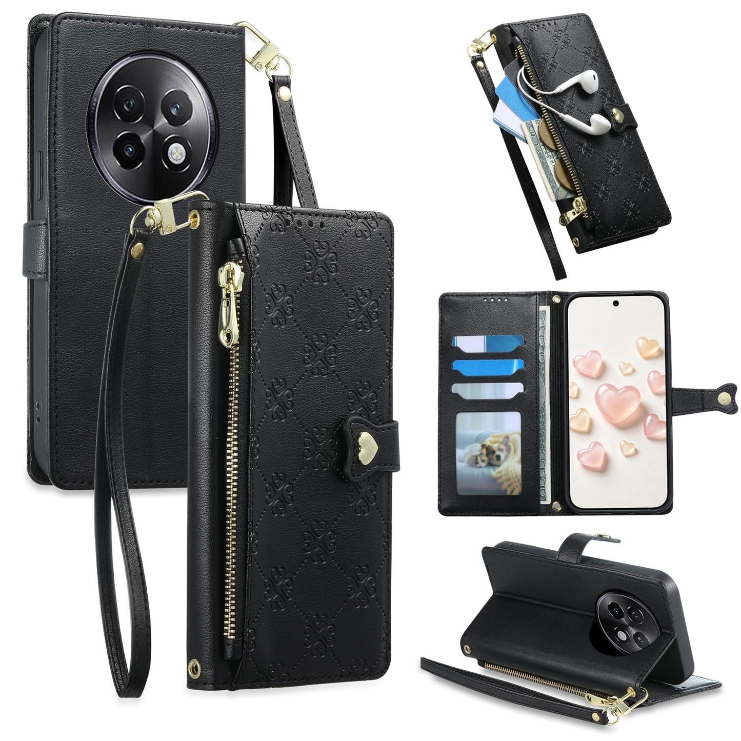 For Realme 13+ Zipper Wallet Heart Buckle Vegan Leather Phone Case with Wrist Strap(Black)