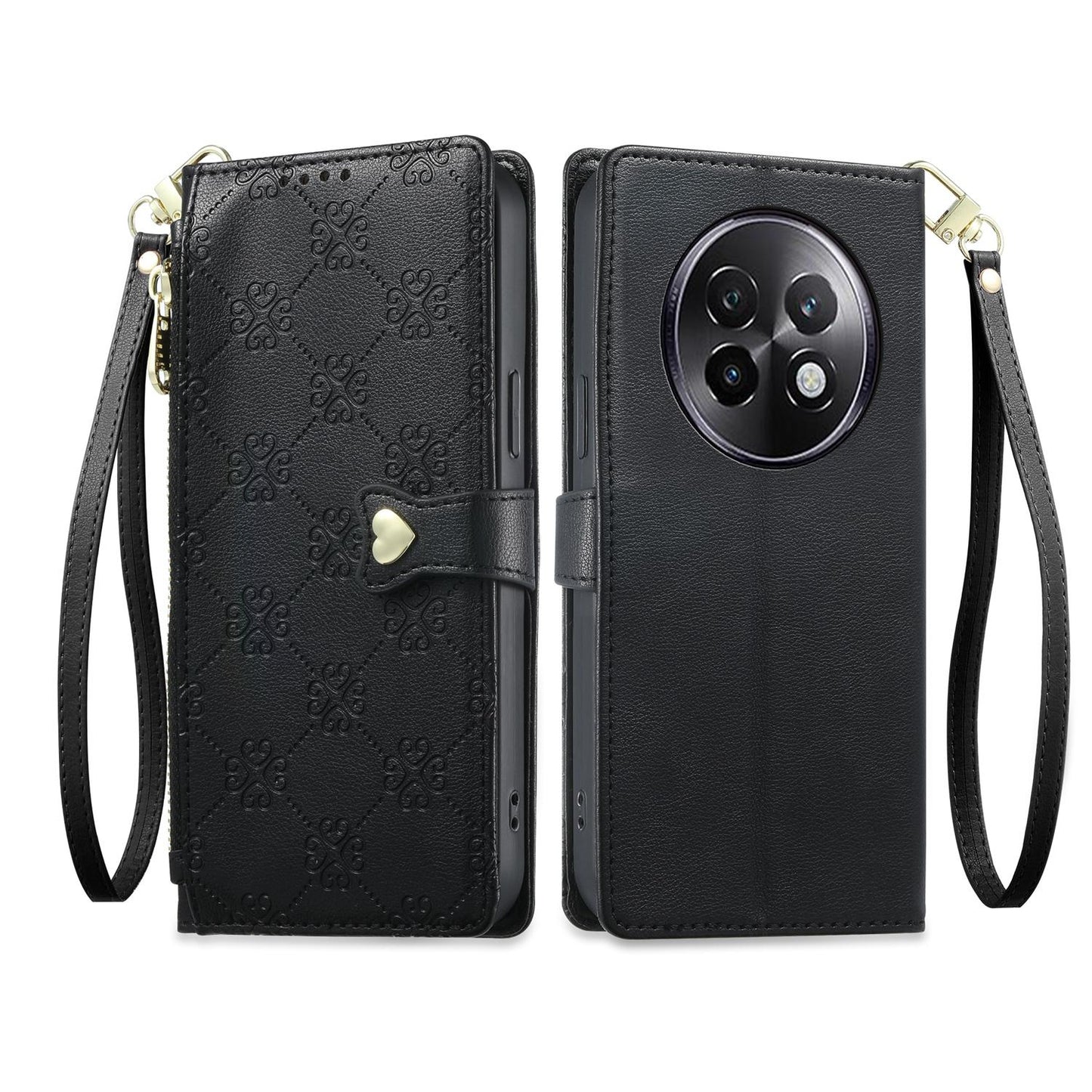 For Realme 13+ Zipper Wallet Heart Buckle Vegan Leather Phone Case with Wrist Strap(Black)
