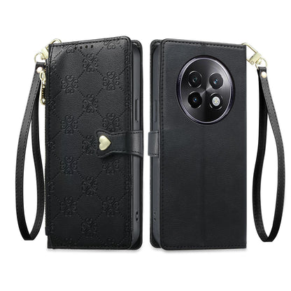 For Realme 13+ Zipper Wallet Heart Buckle Vegan Leather Phone Case with Wrist Strap(Black)