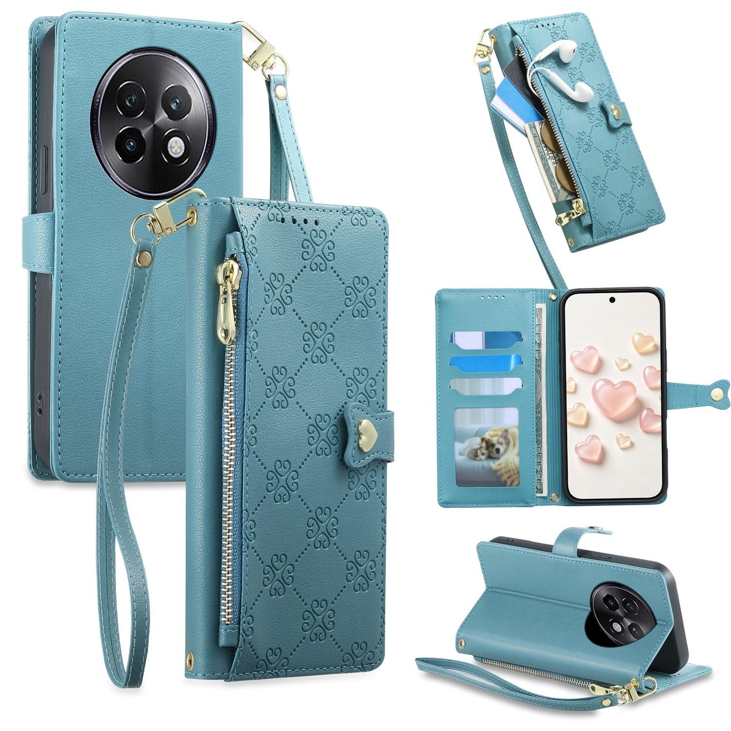 For Realme 13+ Zipper Wallet Heart Buckle Vegan Leather Phone Case with Wrist Strap(Lake Blue)